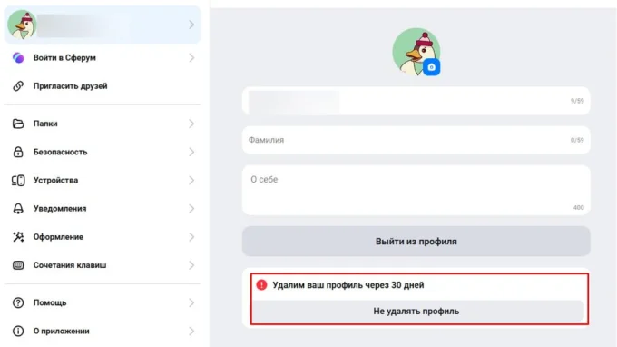 Плашка об удалении профиля через 30 дней в приложении MAX для ПК