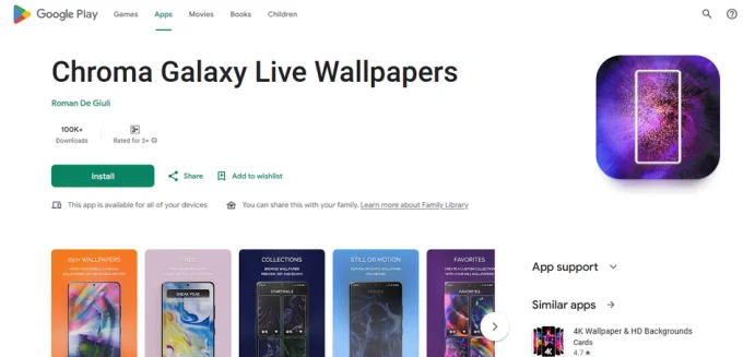Скриншот страницы Google Play с приложением Chroma Galaxy Live Wallpapers