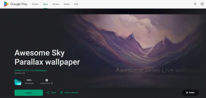 Скриншот страницы Google Play с приложением Awesome Skies Free Parallax
