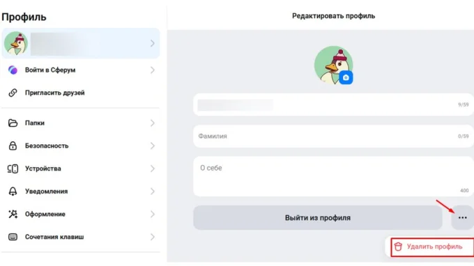 Функция удаления профиля в приложении MAX для ПК