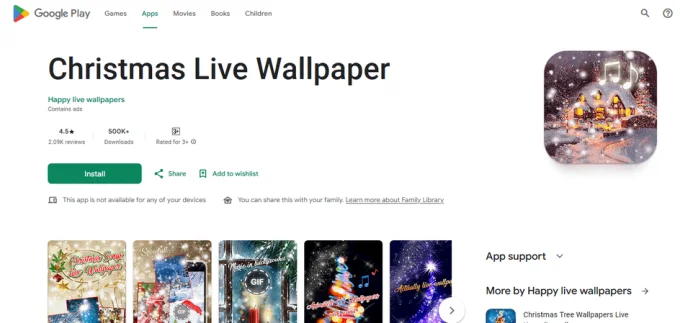 Скриншот страницы Google Play с приложением Christmas Live Wallpaper