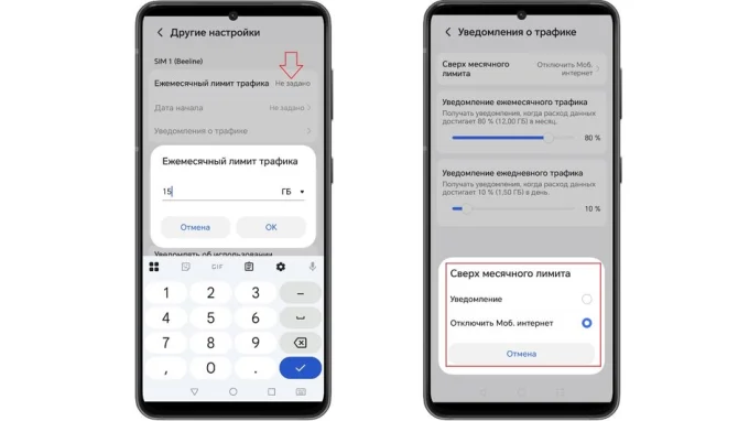 Возможность указать ежемесячный лимит трафика в настройках на Android 