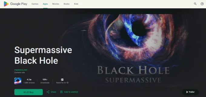 Скриншот страницы Google Play с приложением Supermassive Black Hole