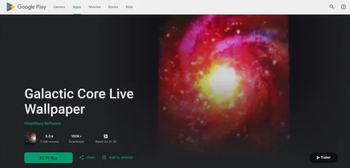 Скриншот страницы Google Play с приложением Galactic Core Live Wallpaper